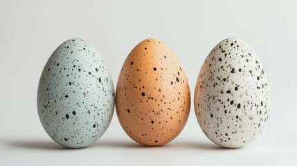 Poster - Three beautifully speckled eggs in soft pastel colors displayed on a clean, light background evoke the spirit of spring. Perfect for festive decorations or seasonal inspiration