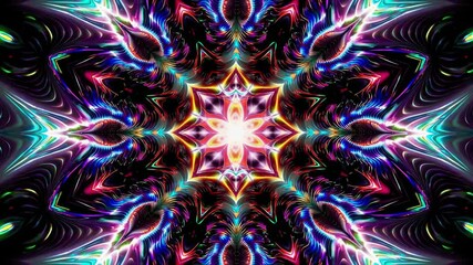 Poster - Kaleidoscopic neon light pattern with symmetrical abstract design, vibrant digital art concept