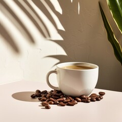 Wall Mural - White mug with coffee bean drink cup coffee beans.