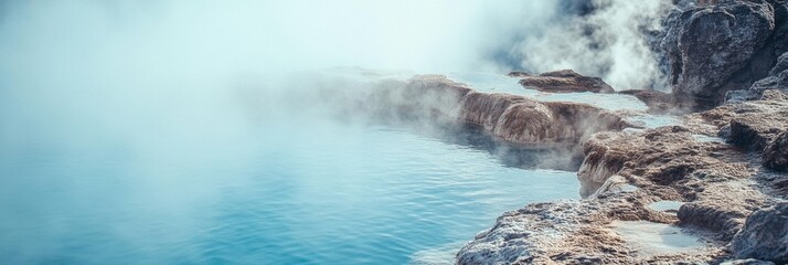 Poster - Serene hot spring with rising steam amidst rocky edges in a tranquil natural setting. Generative AI