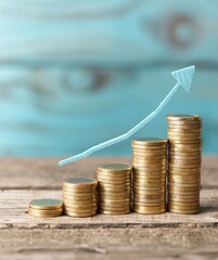 Poster - Stacks of coins increasing in height illustrate financial growth, with an upward arrow symbolizing rising profits against a soft blue background.