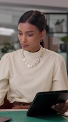 Poster - Woman, tablet and typing in office for fashion design, startup or online business management. Entrepreneur, tech or connectivity in textile workshop for ecommerce, digital store update or stock check