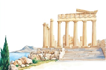 Wall Mural - Acropolis of Lindos Rhodes island Greece architecture illustration watercolor.