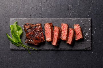 Wall Mural - A perfectly cooked sliced striploin steak with a juicy, tender texture