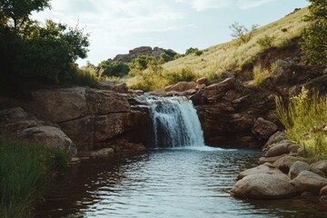 Poster - Serene waterfall surrounded by lush greenery in a tranquil natural setting under a clear blue sky. Generative AI