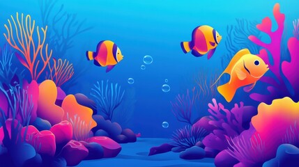 Poster - Vibrant coral reef teeming with colorful tropical fish swimming freely in a beautiful underwater environment. Generative AI
