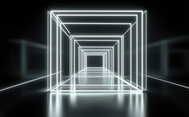 Wall Mural - illuminated neon cube tunnel leading into the unknown with a futuristic glow