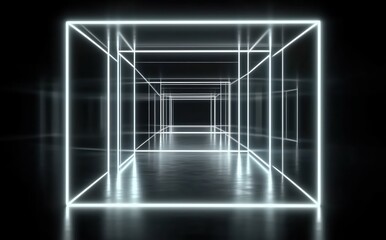 Wall Mural - illuminated transparent cube structure creating a sense of infinity in a dark environment
