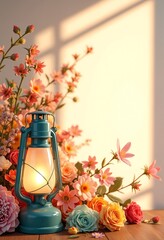 Poster - A lantern and a bouquet of colorful flowers