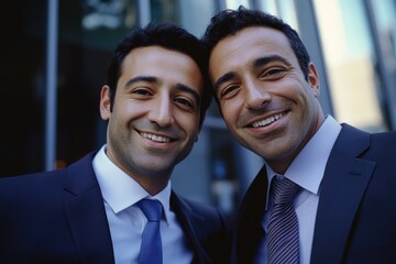 Poster - This image captures a moment of camaraderie between two business partners, dressed in formal attire. They are smiling and appear to be in good spirits. The background suggests they might be at a