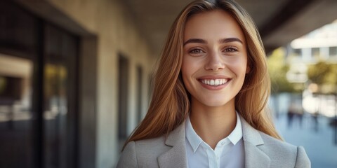 Wall Mural - This is a portrait photograph of a woman in a corporate setting, smiling at the camera with confidence. She appears to be dressed professionally for business or work purposes. Her gaze is direct and