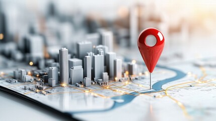 Wall Mural - red pin pointing location on futuristic city map