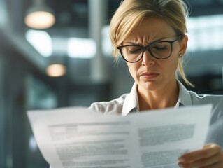 Wall Mural - A woman wearing glasses and a white blouse is engrossed in reviewing documents or files, likely related to her work or business. She appears focused and engaged with the material she's examining.