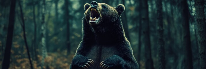 Poster - Majestic brown bear roaring in a dense forest surrounded by tall trees during early morning hours. Generative AI