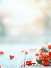 Wall Mural - red roses and heart-shaped decorations on a light wooden surface. soft bokeh background with copy sp
