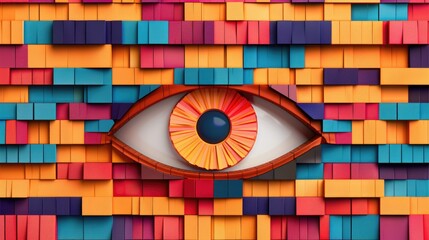 Poster - A vibrant eye design surrounded by colorful, layered blocks creates a striking visual effect full of depth and texture.