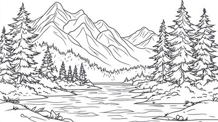 Wall Mural - Mountain lake serene landscape, nature, illustration, design