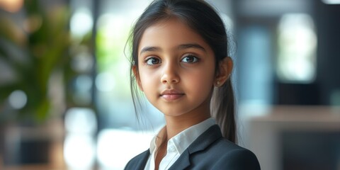 Sticker - Professional portrait of young woman dressed in business attire. She stands confidently against a blurred backdrop, which indicates an office environment.