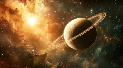 A planet with massive, sharp-edged rings in a detailed, vibrant cosmic environment.