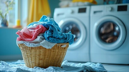 A woven basket overflows with vibrant, freshly laundered garments set against a bright and inviting laundry room backdrop. Washing machines stand ready for use, highlighting daily chores