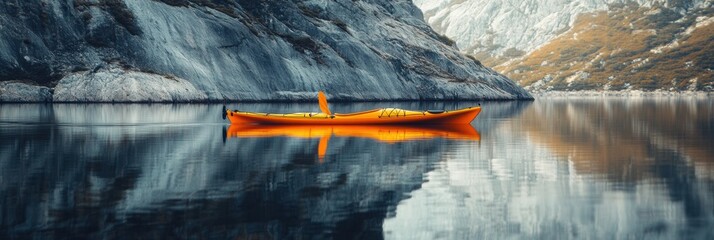 Poster - Lone kayak gliding across serene mountain lake reflecting rocky cliffs and vibrant autumn colors. Generative AI