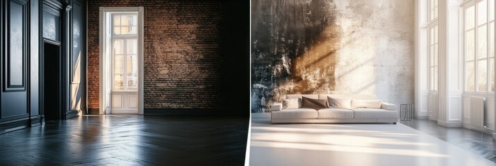 Leinwandbilder - Contrast of old dark interiors and bright modern design showcasing renovation possibilities in a room. Generative AI