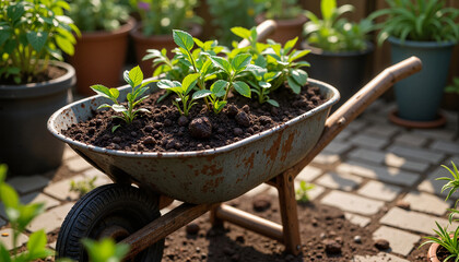 Garden wheelbarrow with soil and plants for landscaping tutorials, gardening blogs and agricultural content