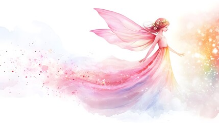 Wall Mural - A Watercolor Fairy in Flowing Pink Dress and Wings