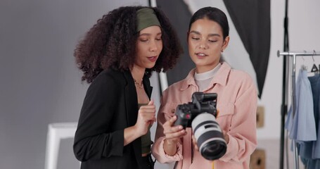 Poster - Photographer, model and process for catalog, magazine cover and photography in creative studio. Camera woman, talk and people backstage for shooting, production and fashion director with backdrop