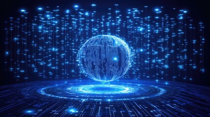 Global data network, digital sphere, futuristic technology, glowing background, website banner