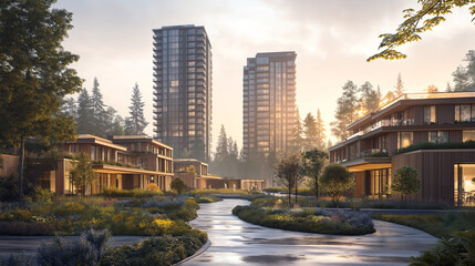Poster - modern eco cottage against the backdrop of high-rise buildings . Generative AI