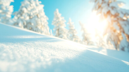 Canvas Print - Winter landscape with sunlit snowy forest creating a serene and tranquil nature scene in bright sunlight