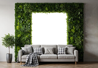 Poster - abstract interior with a large sofa and a wall of leaves behind which is a mockup of a frame for a painting or advertisement . Generative AI