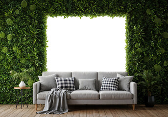 Poster - abstract interior with a large sofa and a wall of leaves behind which is a mockup of a frame for a painting or advertisement . Generative AI