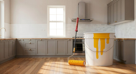 Poster - a huge can of paint and a roller in the interior of a kitchen under renovation . Generative AI