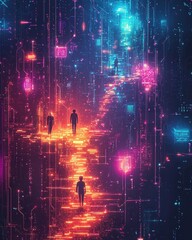 Fototapete - Wide angle journey through neon data in a futuristic vr environment