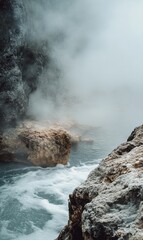 Poster - Serene hot spring with rising steam enveloping rocky edges and calming waters nearby at dusk. Generative AI