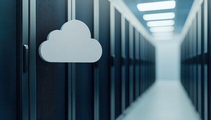Poster - A sleek data center corridor with servers on either side, featuring a prominent cloud symbol, representing cloud computing technology.