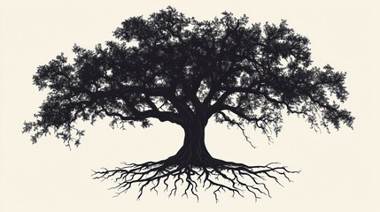  Majestic oak tree roots, nature illustration, background cream