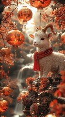 Sticker - A fluffy lamb wearing a red scarf. AI.