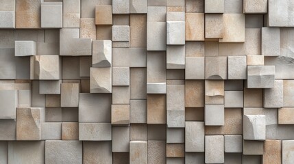 Poster - 3d stacked beige brick cubes arranged vertically on a wall made of various sized blocks