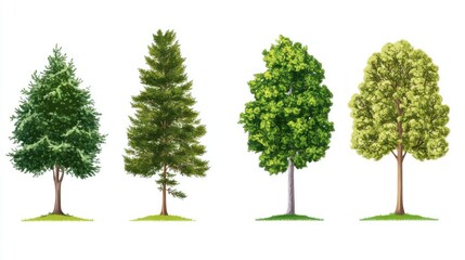 Four different tree types isolated on white; nature, design, background