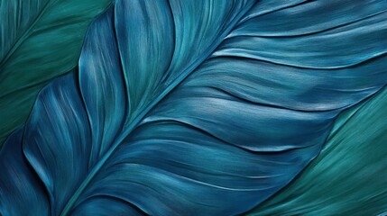 Poster - Abstract painting of blue and green leaf textures on dark blue background with palm leaves