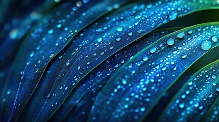 Poster - Close up of water droplets on leaf with abstract palm leaf textures in dark blue background