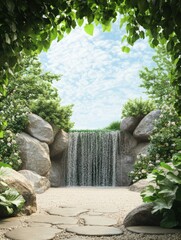 Aufkleber - Serene waterfall cascading through lush greenery under a bright, partly cloudy sky in a tranquil garden setting. Generative AI