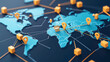 © Ketsara - Orange cubes represent packages connected by lines across a stylized world map showing worldwide delivery and supply chain manage