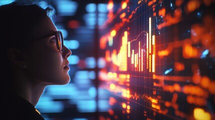 Poster - Business professional analyzing data on a digital screen with glowing bar and line graphs