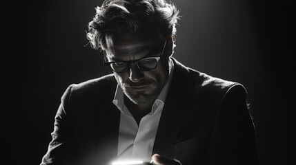 Poster - Businessman in suit analyzing digital risk management data on cellphone in office setting