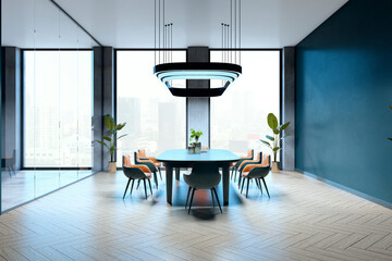 Poster - Modern conference room with sleek design, featuring a large table, stylish chairs, and glass partitions against a city backdrop. 3D Rendering