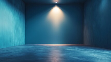 Poster - A tranquil blue space features smooth concrete flooring and soft lighting, ideal for artistic endeavors or introspective moments. The calming environment invites creativity and reflection
